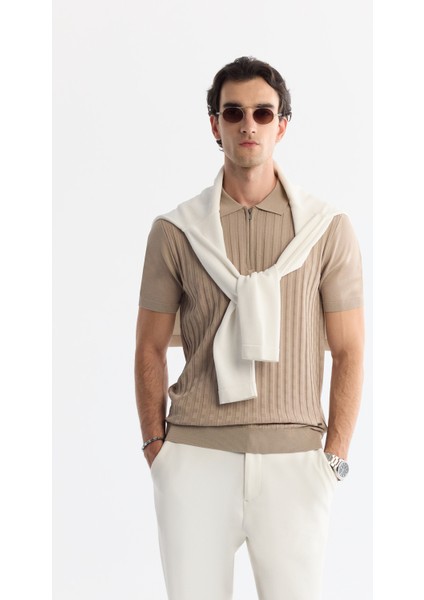 Erkek Vizon Polo Yaka Fermuarlı Rayon Triko Regular Fit T-Shirt A42Y5128