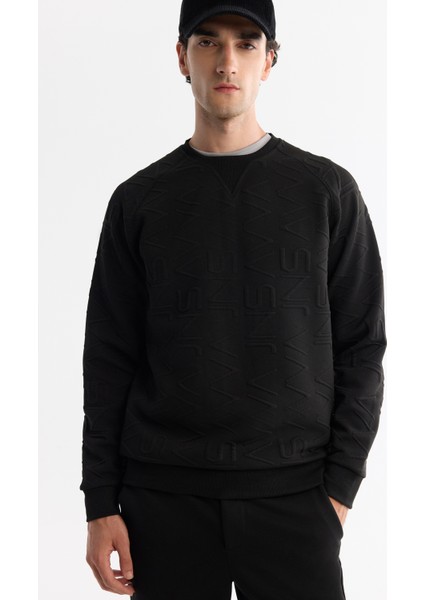 Erkek Siyah Bisiklet Yaka Baskılı Elastan Regular Fit Sweatshirt A42Y1335