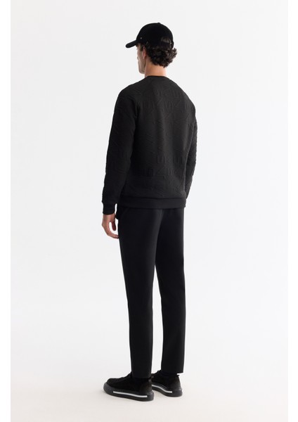 Erkek Siyah Bisiklet Yaka Baskılı Elastan Regular Fit Sweatshirt A42Y1335