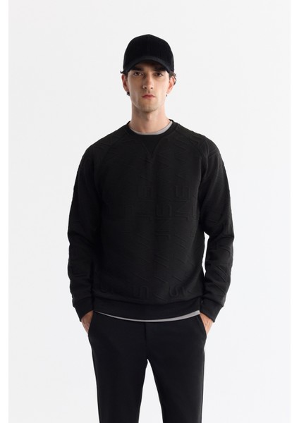 Erkek Siyah Bisiklet Yaka Baskılı Elastan Regular Fit Sweatshirt A42Y1335