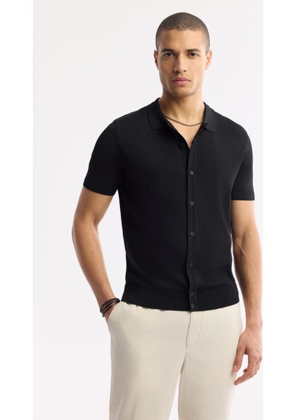 Erkek Siyah Polo Yaka Düğmeli Fitilli Rayon Triko Regular Fit T-Shirt A51Y5001