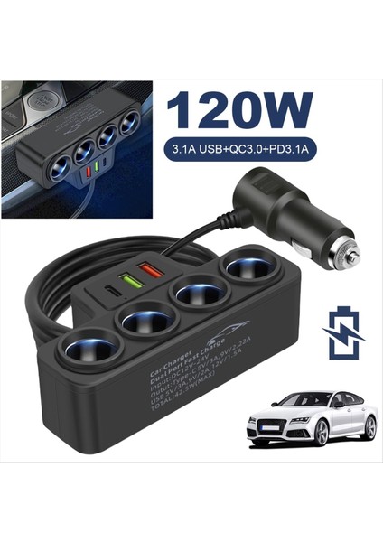 4 Cep Araç Çakası Çakan Sıçrama 12V-24V Telefon Güç Adaptörü 120W Qc3 0+Pd3 1A Araba Çakır Soket Fişi (Yurt Dışından) fırsatları