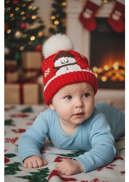 Ponponlu Triko Kışlık Bebek Bere – Yılbaşı Konseptli Kardan Adam Desenli Sıcak Tutucu Model