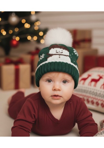 Ponponlu Triko Kışlık Bebek Bere – Yılbaşı Konseptli Kardan Adam Desenli Sıcak Tutucu Model