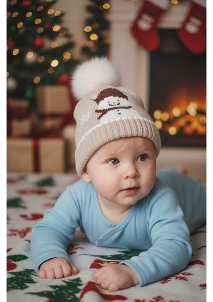 Ponponlu Triko Kışlık Bebek Bere – Yılbaşı Konseptli Kardan Adam Desenli Sıcak Tutucu Model