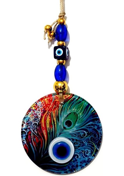 Cam Tavus Kuşu Tüyü Desenli 12X12 cm Nazar Boncuklu 12X30 cm El Yapımı Duvar Süsü Nazarlık