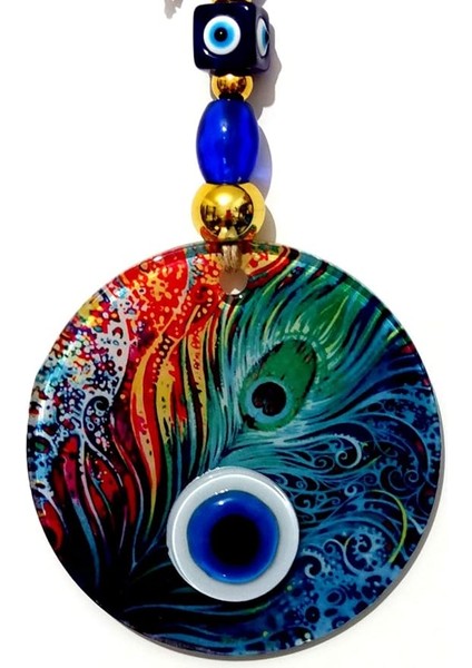 Cam Tavus Kuşu Tüyü Desenli 12X12 cm Nazar Boncuklu 12X30 cm El Yapımı Duvar Süsü Nazarlık fiyatları