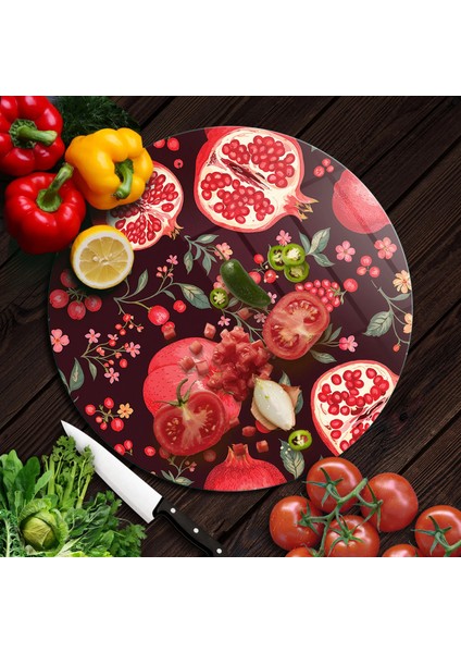 Cam Kesme Tahtası ve Sunumluk Yuvarlak Nar Desenli 30 x 30 cm modelleri