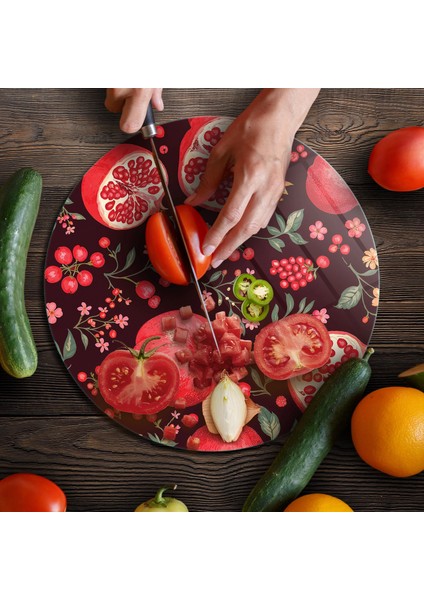 Cam Kesme Tahtası ve Sunumluk Yuvarlak Nar Desenli 30 x 30 cm fırsatları