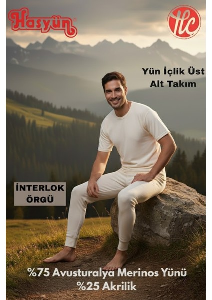 Erkek Ekru %75 Yün Ter Emici Kaşındırmaz Içlik Kısa Kol Üst Alt Takım