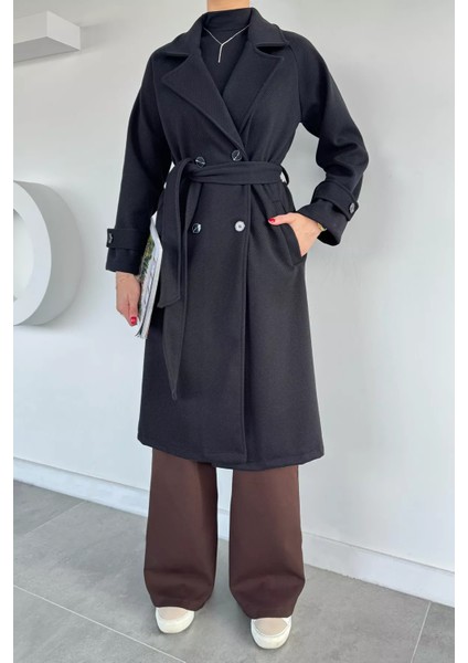 Kadın Kendinden Desenli Bel Kuşaklı Kaban P-00019457