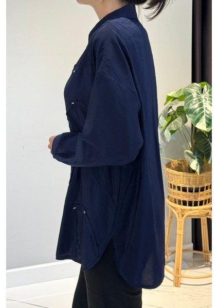 Düğme Detaylı Uzun Kol Dekoratif Dikişli Gömlek 6146 Lacivert fiyatları