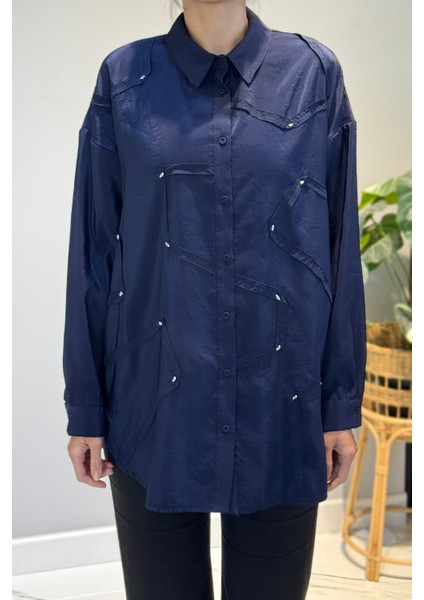 Düğme Detaylı Uzun Kol Dekoratif Dikişli Gömlek 6146 Lacivert fırsatları