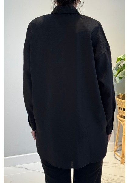 Düğme Detaylı Uzun Kol Dekoratif Dikişli Gömlek 6146 Siyah modelleri