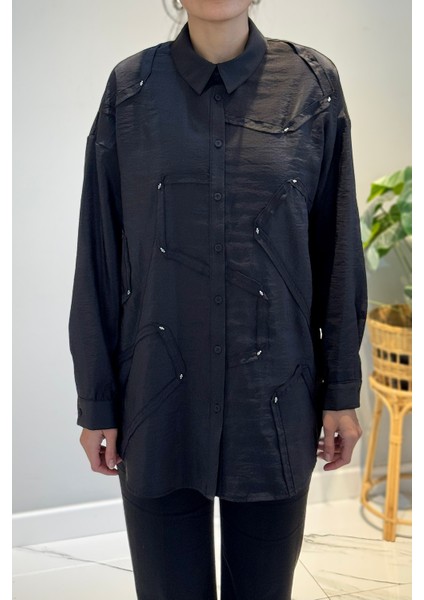 Düğme Detaylı Uzun Kol Dekoratif Dikişli Gömlek 6146 Siyah fırsatları