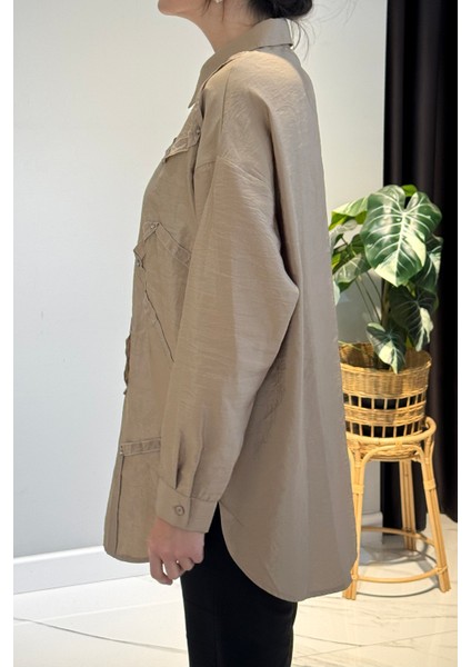 Düğme Detaylı Uzun Kol Dekoratif Dikişli Gömlek 6146 Vizon fiyatları