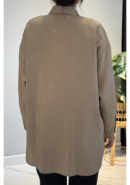 Düğme Detaylı Uzun Kol Dekoratif Dikişli Gömlek 6146 Vizon modelleri
