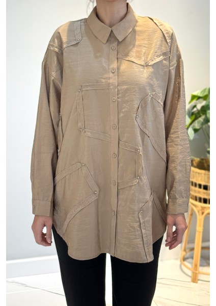 Düğme Detaylı Uzun Kol Dekoratif Dikişli Gömlek 6146 Vizon fırsatları