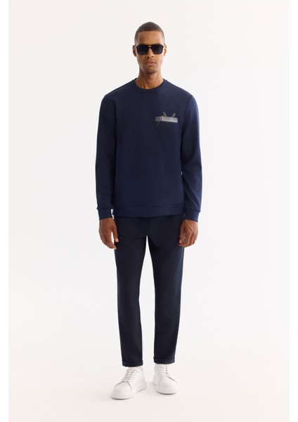 Erkek Lacivert Bisiklet Yaka Pamuklu Bi-Stretch Baskılı Regular Fit Sweatshirt A52Y1260