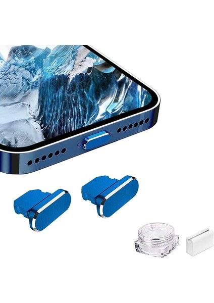 Metal Toz Önleyici Fiş iPhone 14 13 12 11 x Xs Xr 8 7 Se Mini Plus Pro Max iPad Airpods ile Uyumlu, 2'li Paket Yıldırım Şarj Portu Kapak Koruyucuları Fiş Tutucu ve Taşıma Kutusu (Mavi)