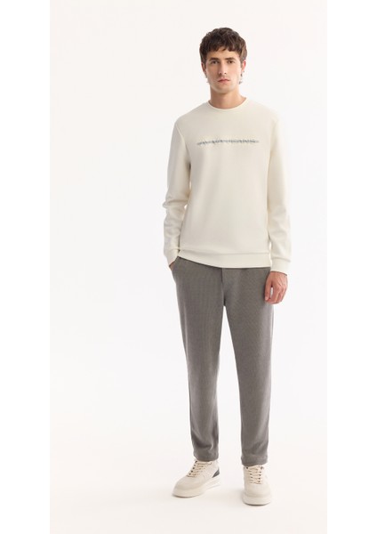 Erkek Ekru Bisiklet Yaka Pamuklu Bi-Stretch Baskılı Regular Fit Sweatshirt A52Y1210