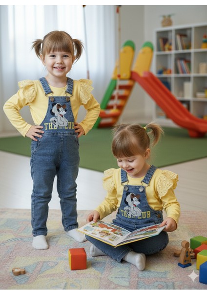 2’li Set: Uzun Kollu Sarı Bluz + Mic'key Mouse Baskılı Kot Tulum