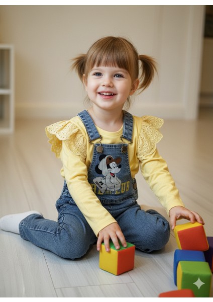 2’li Set: Uzun Kollu Sarı Bluz + Mic'key Mouse Baskılı Kot Tulum fiyatları