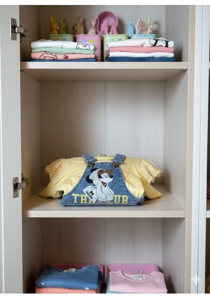 2’li Set: Uzun Kollu Sarı Bluz + Mic'key Mouse Baskılı Kot Tulum modelleri