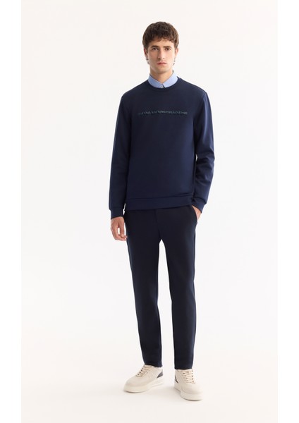 Erkek Lacivert Bisiklet Yaka Pamuklu Bi-Stretch Baskılı Regular Fit Sweatshirt A52Y1210