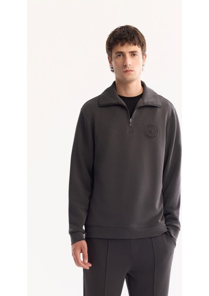 Erkek Antrasit Dik Yaka Fermuarlı Soft Touch Baskılı Regular Fit Sweatshirt A52Y1273