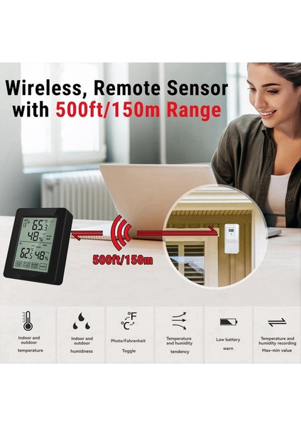 Iç ve Dış Mekan Dijital Sıcaklık ve Nem Ölçer 1 Sensör Arka Işığı Kablosuz Uzun Mesafeli (Yurt Dışından) fırsatları
