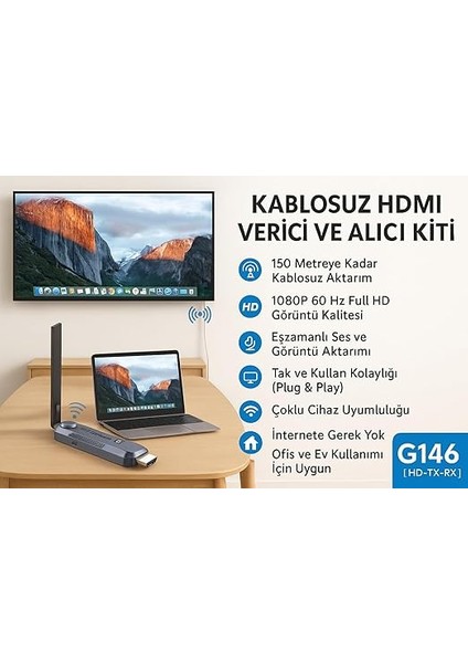 Kablosuz HDMI Verici ve Alıcı Kiti - Uydudan Projeksiyona | 150 Metre Menzil | 1080P 60Hz Notebook'dan Tv'ye Görüntü Aktarımı | Hd-Tx-Rx | Tak-Çalıştır | Çoklu Cihaz Desteği - G146 HDMI fırsatları