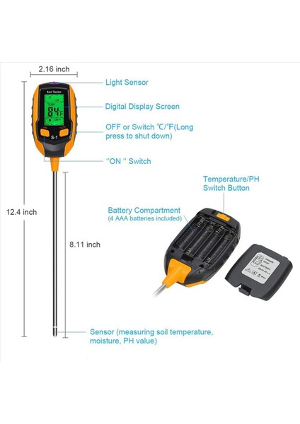 2x Toprak Ph Metre 4&#39 Ü 1 Ara Test Cihazı Nemi Ph/sıcaklık/ışık ile Dijital Bitki Nem Ölçer (Yurt Dışından)