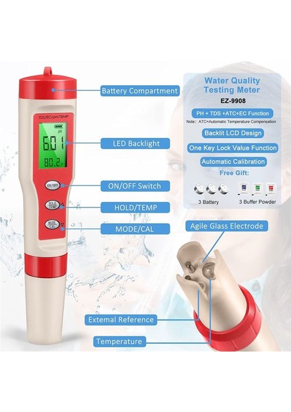 Ph/tds/ec/temp Işlevi ile Ph Metre 4&#39 Ü Dijital Ph Metre Içme Suyu Hidroponik Akvaryum Havuzu Için Atc ile (Yurt Dışından) modelleri