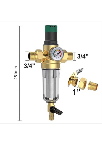 Basınç Regülatörü ve Basınç Göstergesi Olan Geri Yıkama Filtresi 3/4 Inçlik Ev Bağlantısı Yeniden Kullanılabilir Basınç Regülatörü (Yurt Dışından) modelleri