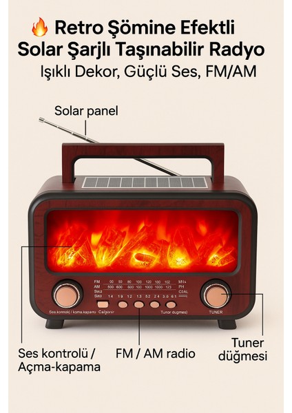 Retro Şömine Efektli Solar Şarjlı Taşınabilir Radyo – Işıklı Dekor, Güçlü Ses, Fm/am