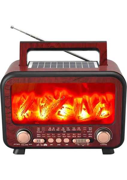 Retro Şömine Efektli Solar Şarjlı Taşınabilir Radyo – Işıklı Dekor, Güçlü Ses, Fm/am modelleri