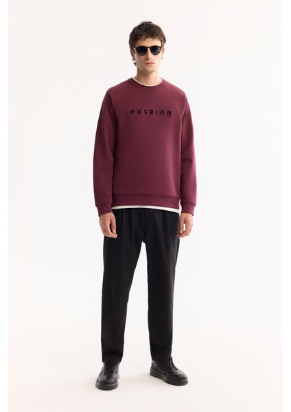 Erkek Mürdüm Bisiklet Yaka Pamuklu Bi-Stretch Baskılı Regular Fit Sweatshirt A52Y1249