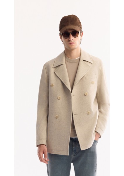 Erkek Bej Kruvaze Yün Karışımlı Astarlı Kaşe Kaban A52Y6065