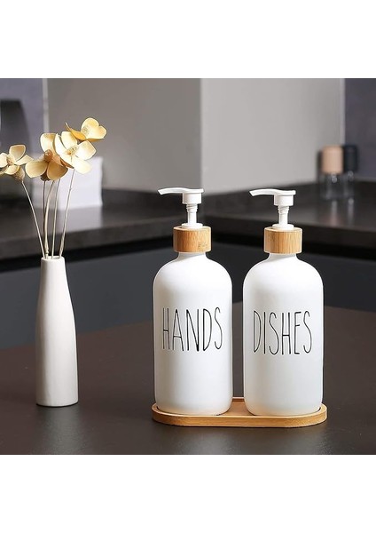 2'li Lüx Cam Sıvı Sabunluk, Mutfak ve Banyo Için Modern Cam Sıvı Sabunluk, Doldurulabilir ve Pompalı Trend Desenli (Beyaz)