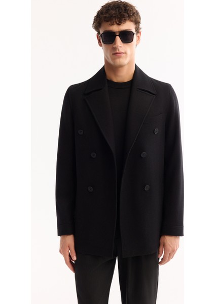 Erkek Siyah Kruvaze Yün Karışımlı Astarlı Kaşe Kaban A52Y6065