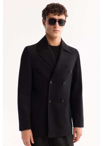 Erkek Siyah Kruvaze Yün Karışımlı Astarlı Kaşe Kaban A52Y6065