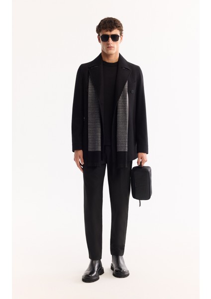 Erkek Siyah Kruvaze Yün Karışımlı Astarlı Kaşe Kaban A52Y6065