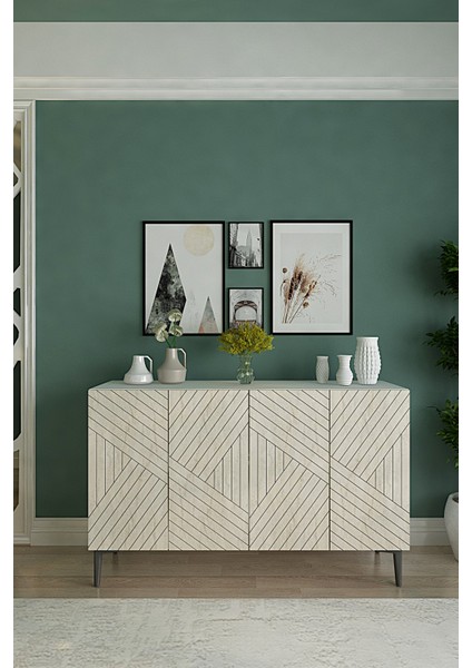 KA1210BT - Ferro Konsol, Tv Sehpası ve Kahve Köşesi 120CM Beyaz-Traverten