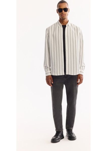 Erkek Beyaz Düğmeli Yaka Soft Touch Çizgili Comfort Fit Gömlek A52Y2101