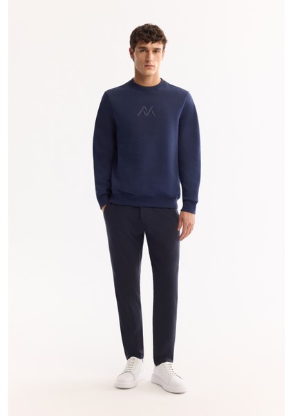 Erkek Lacivert Bisiklet Yaka Pamuklu Şardonlu Baskılı Regular Fit Sweatshirt A52Y1327