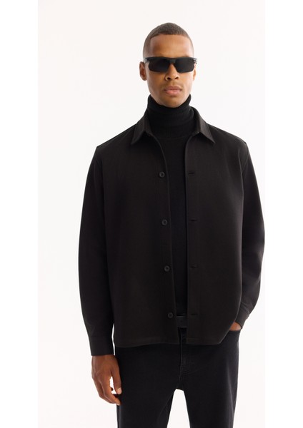 Erkek Siyah Klasik Yaka Rayon Karışımlı Comfort Fit Gömlek Ceket A52Y2043