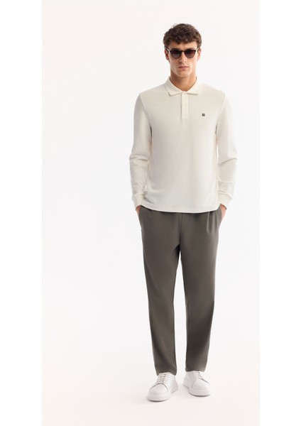 Erkek Ekru Polo Yaka Pamuklu Basic Slim Fit Sweatshirt B001080