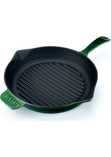 Premium Serisi - Döküm Izgara Tavası, Yuvarlak, 28 Cm, Yekpare Saplı, Emaye, Majolik Yeşil