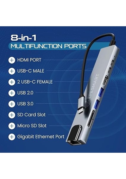 8 Portları 1 Arada USB C Hub Adaptörü, 4K Hdmı, Şarj Cihazı, USB C Bağlantı Noktaları, Sd/micro Sd Kart Okuyucular, Ethernet Bağlantı Noktası, M1 ve M2 Mac Bilgisayarlar Için, Thunderbolt 3 modelleri